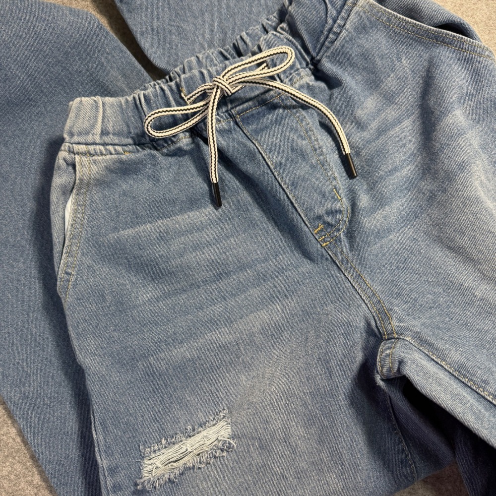 Women Light Wash Wide Leg Drawstring Distressed Jeans Size 26 Side Slit Hippy